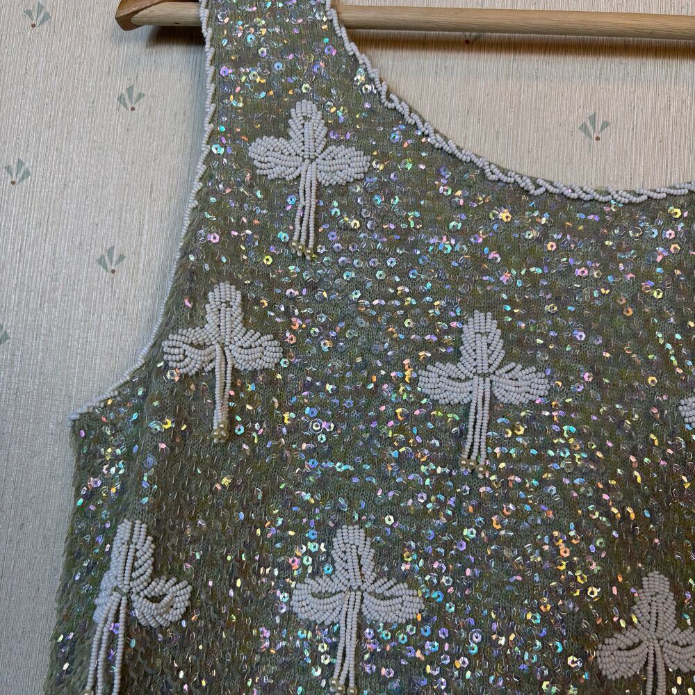 VTG Regalia Imports Floral Beaded Sleeveless Top Small Sequin 100% Wool Fringe - Picture 5 of 11